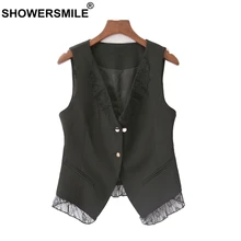 SHOWERSMILE Womens Black Vests Solid Plus Size Gilet Cotton Ladies Fashion Lace OL Elegant Plain Spring Autumn Female Waistcoat
