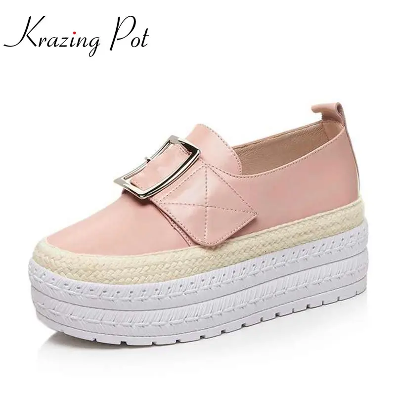 

Krazing Pot 2018 cow leather thick bottom slip on shoes comfortable metal buckle decoration women vulcanized increased shoes L01