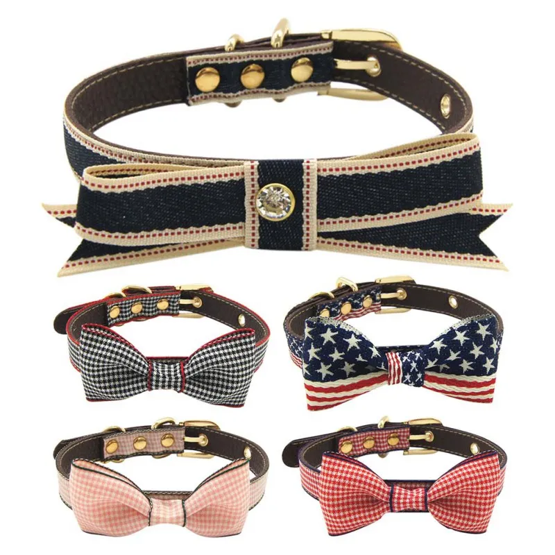 

Star Plaid Stripes Pattern Bow Kont collar Necklace Leash Elegant Cloth Leather Adjustable Breathable for Pet Dog Wholesale