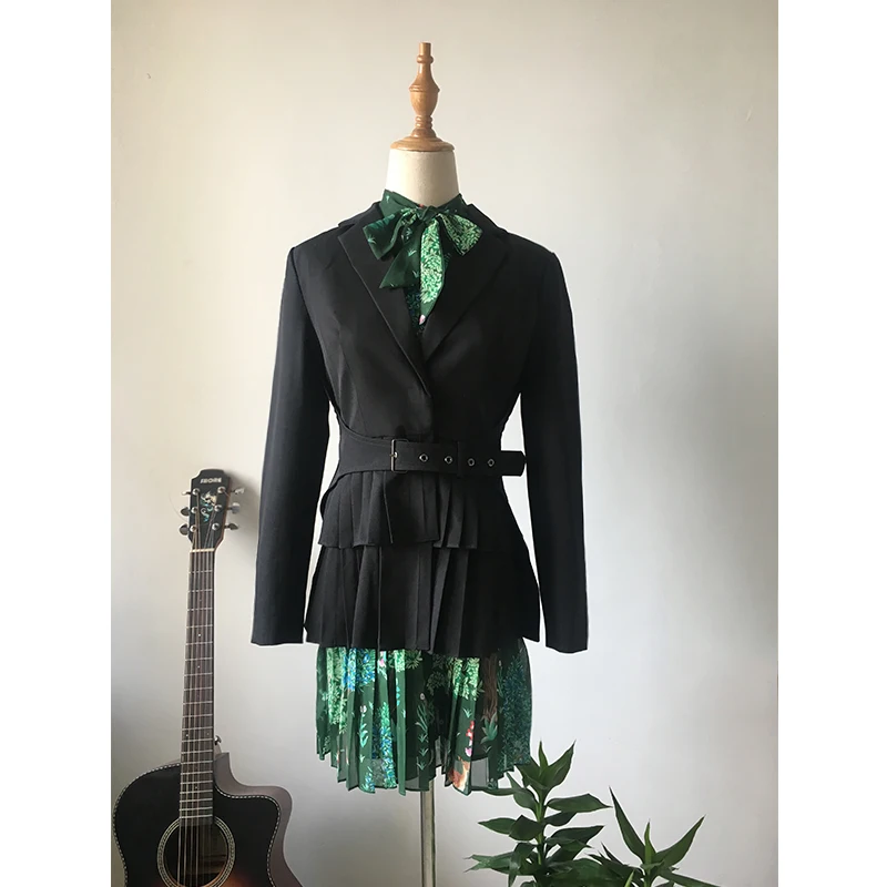 Unique Designing High Street Women Fall Fit Dress Suits Pleated Blazer Floral Printing Dress Runway Slim Twin Sets Outfits