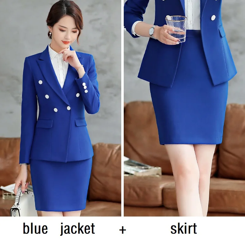 ACRMRAC женские костюмы Тонкий сплошной цвет куртка юбка комплект из 2 предметов OL формальные женские костюмы с юбкой женские деловые костюмы - Цвет: blue jacket  skirts