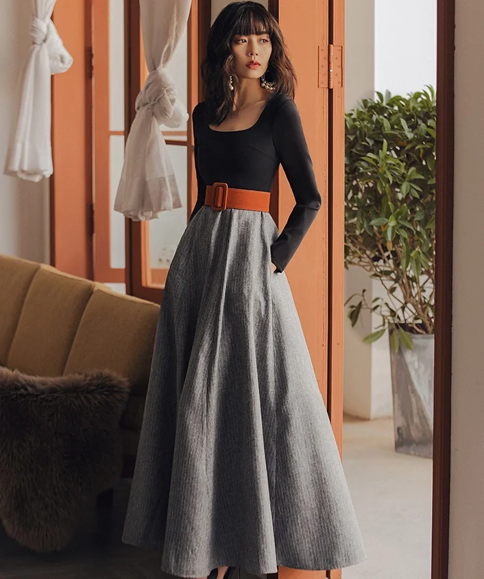 

High Quality Brand Party Long Dress 2019 Spring Style Women Square Collar Vintage Color Patchwork Long Sleeve Dress Maxi Club