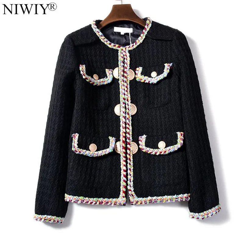 NIWIY Brand Autumn Handmade Tweed Black Jacket Chaquetas Mujer Primavera 2022 Winter Black Women Coat Casaco Feminino K9065