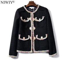 Бренд NIWIY, осенняя твидовая Черная куртка ручной работы, Chaquetas Mujer Primavera,, зимнее черное Женское пальто, Casaco Feminino K9065
