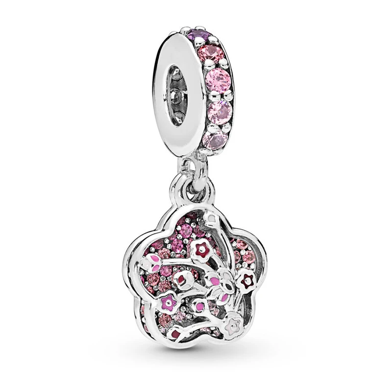 

2019 NEW 100% 925 Sterling Silver Long Peach blossom Series Charm Dangle Pink Pendant Fit European Women Bracelet Jewelry Gift