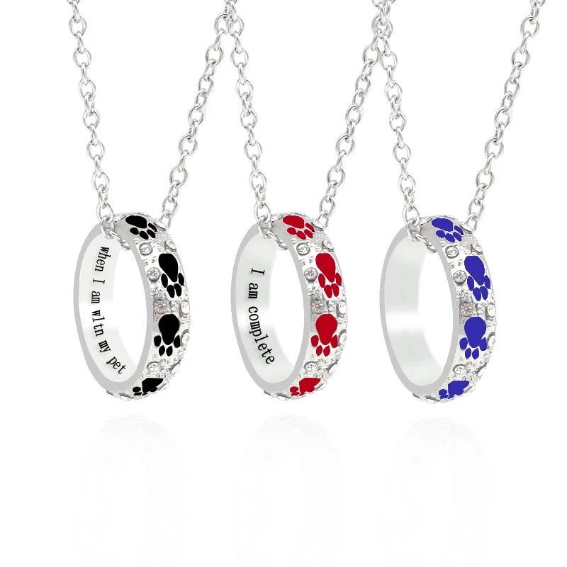 

Enamel Red Black Blue Dog Paw Footprints Necklace Women Rhinestone Round Circle Claws Pendant When I am with my pet Jewelry