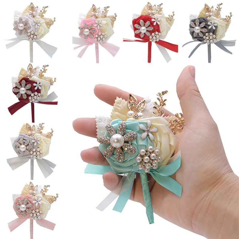 

2019 New Silk Ribbon Blush Pink Purple Rose Corsage Flowers Groom Suit Men Boutonniere Bride Wedding corsages boutonnieres
