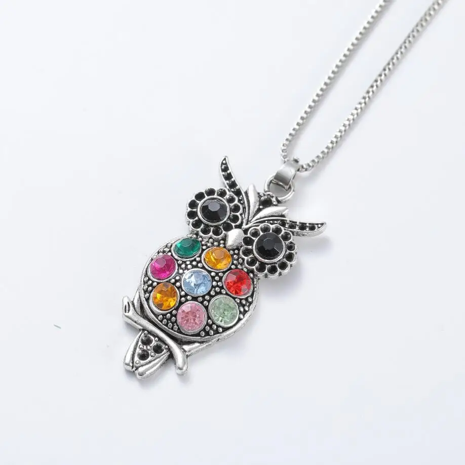 Colorful Crystal Owl Pendant Necklaces 24inches Necklace Antique Silver