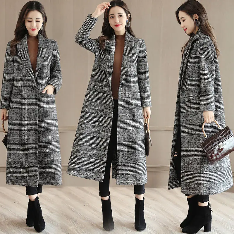 

Lady Long Winter Coat Wool Coats New Fashion Women Single Button Plaid Long Woolen Coats Outwear