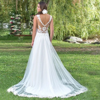 

Cheap Vestidos De Novia with Lace Appliques Scoop Neck Tulle Gown Beach Wedding Dress Sexy Bridal Mariage Gown Plu Size