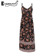Everkaki Women Boho Floral Print Split Spaghetti Strap Dress V Neck Beach Dress Holiday Bohemian Dresses Female 2018 Summer New