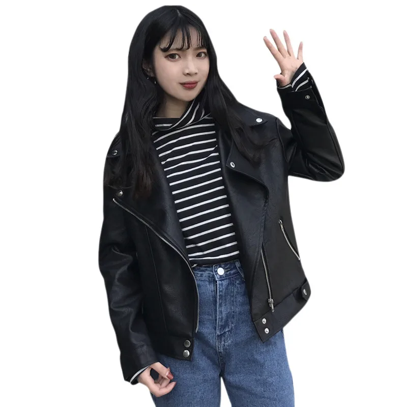 

Hiawatha PU Leather Women 2019 Spring New Korean Loose Jackets Fashion Punk Style Long Sleeve Coat BL037