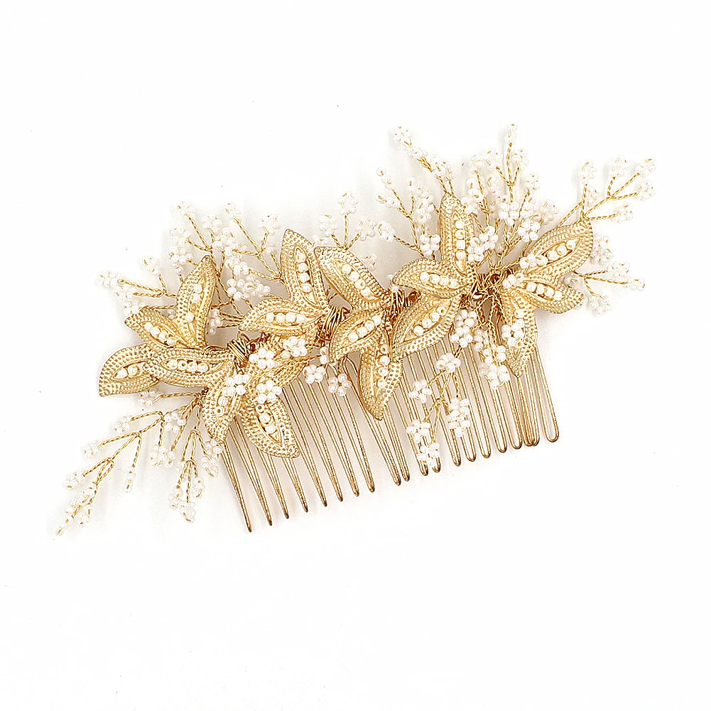 Gold Leaf Bridal Headpiece With Comb Wedding Hair Accessories For Bride
