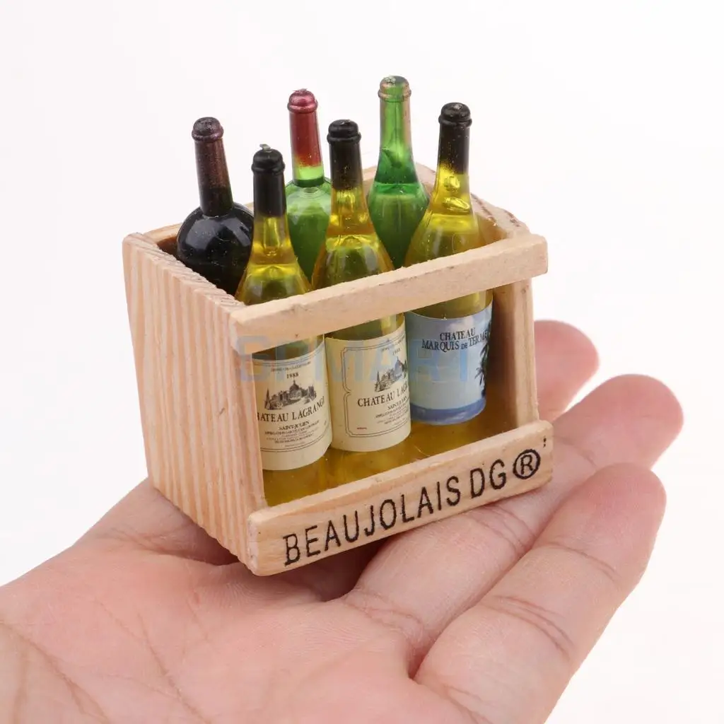 2 Set/ 12 Pieces Miniature Beer Wine Bottles With Magnet Wooden Storage Box 1/12 Dollhouse Kitchen Life Scenes Decoration