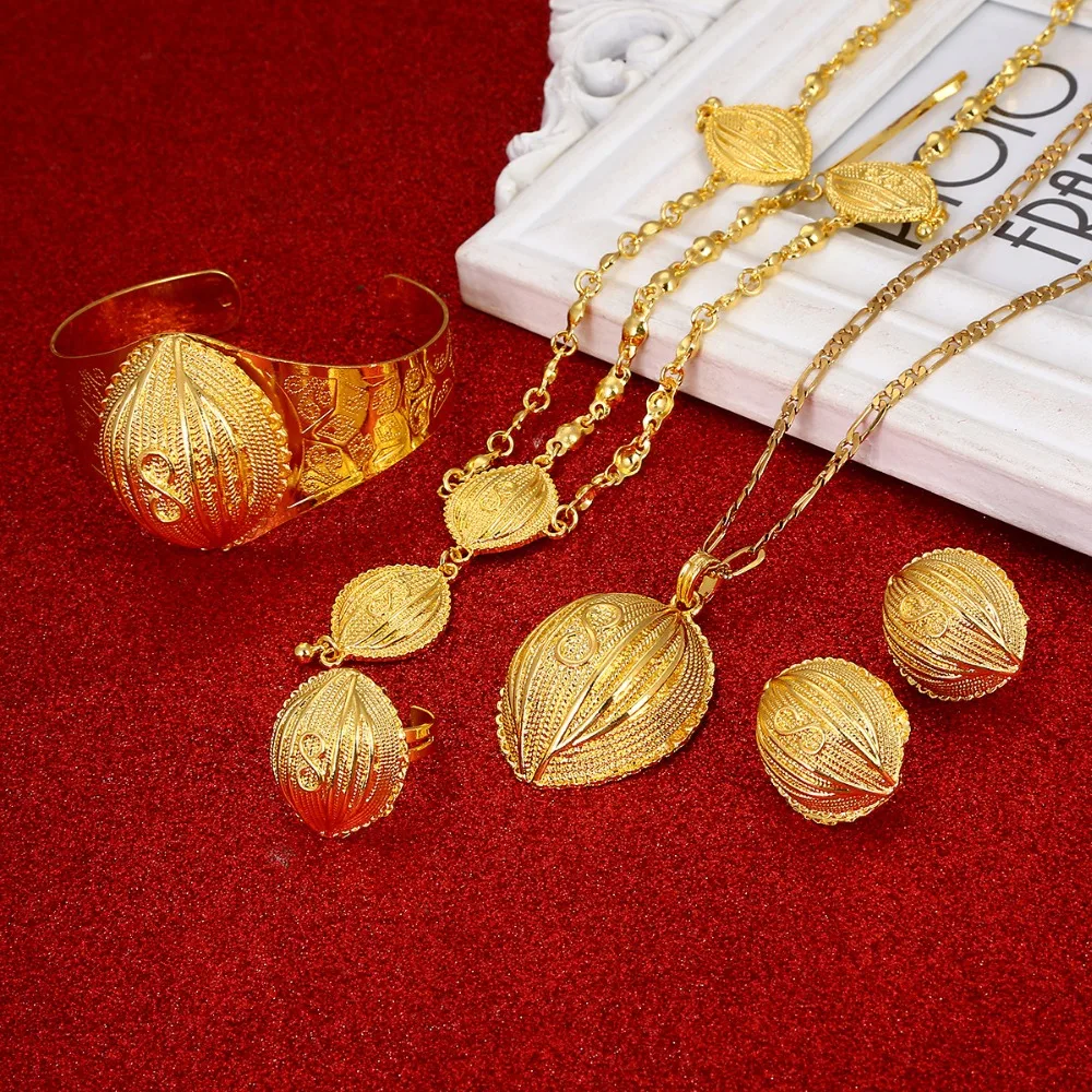 

Ethiopian Jewelry Sets Necklace Forehead Chain Earrings Bangle Hairpin Ring Habesha Wedding Gift