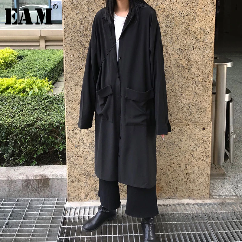 

[EAM] 2019 New Autumn Winter Lapel Long Sleeve Button Pockets Brief Thin Loose Big Size Jacket Women Coat Fashion tide JX270