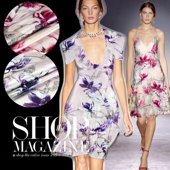 

118cm wide 93% silk 7% spandex 19mm flower digital print silk elastic satin one-piece dress fabric purple and pink available
