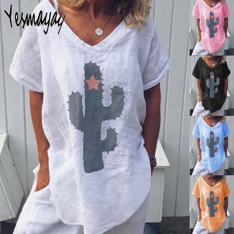 

Oversize T Shirt Women Summer Plus Size Cotton Linen Top Short Sleeve Tshirt Femme Women V-neck Casual Womens Tee Shirts 2019