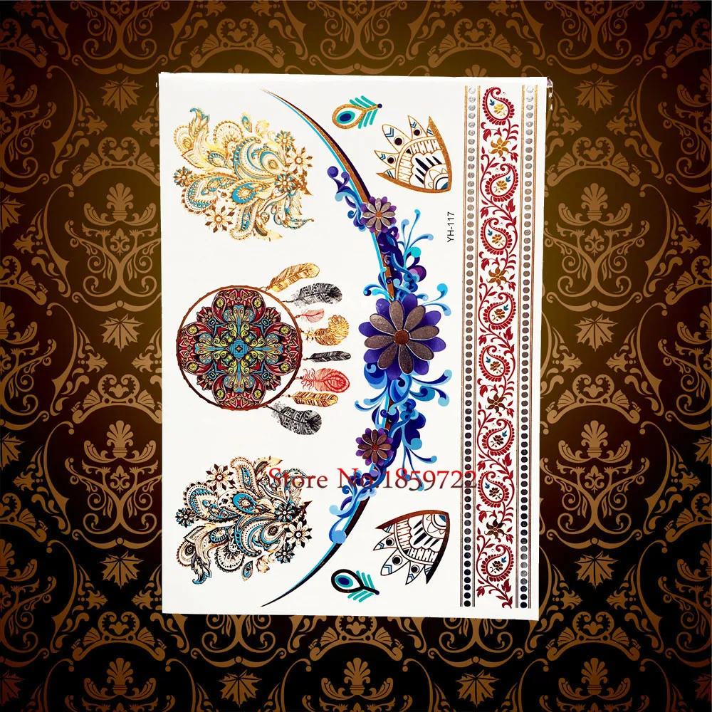 

Fashion Henna Dreamcatcher Flash Gold Temporary Tattoo Stickers HY117 Henna Flower Bracelet Choker Tattoo New Fake Tattoos Women