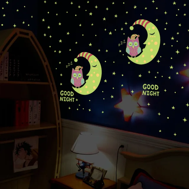 good night glow in the dark owl moon star wall sticker