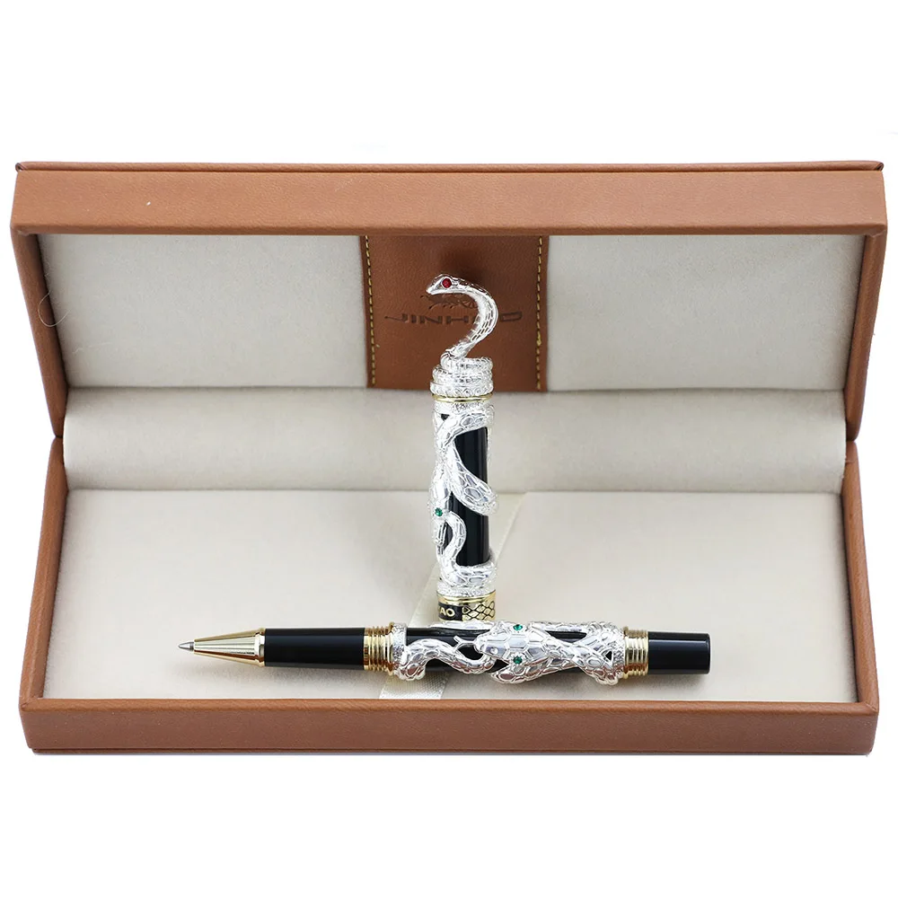 Высококачественная Роскошная Шариковая ручка Jinhao со змеиным узором 0,7 мм перо Новинка кобра 3D Ручка для мужчин бизнес офисные принадлежности подарок - Цвет: Silver gift set