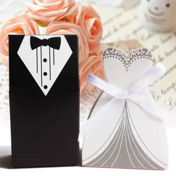 

100PCS/Set Bride & Groom Party Dress Paper Boxes w/ Ribbon For Boite dragees de mariage /Wedding Favor Candy/Gifts/sugar Bags