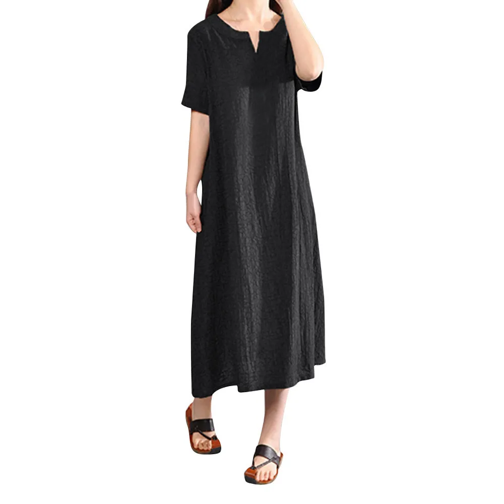 

FREE OSTRICH Women Plus Size Bohemia Casual Solid V-Neck Short Sleeve Cotton Linen Dress Women Dresses Summer 2019 New Arrivals