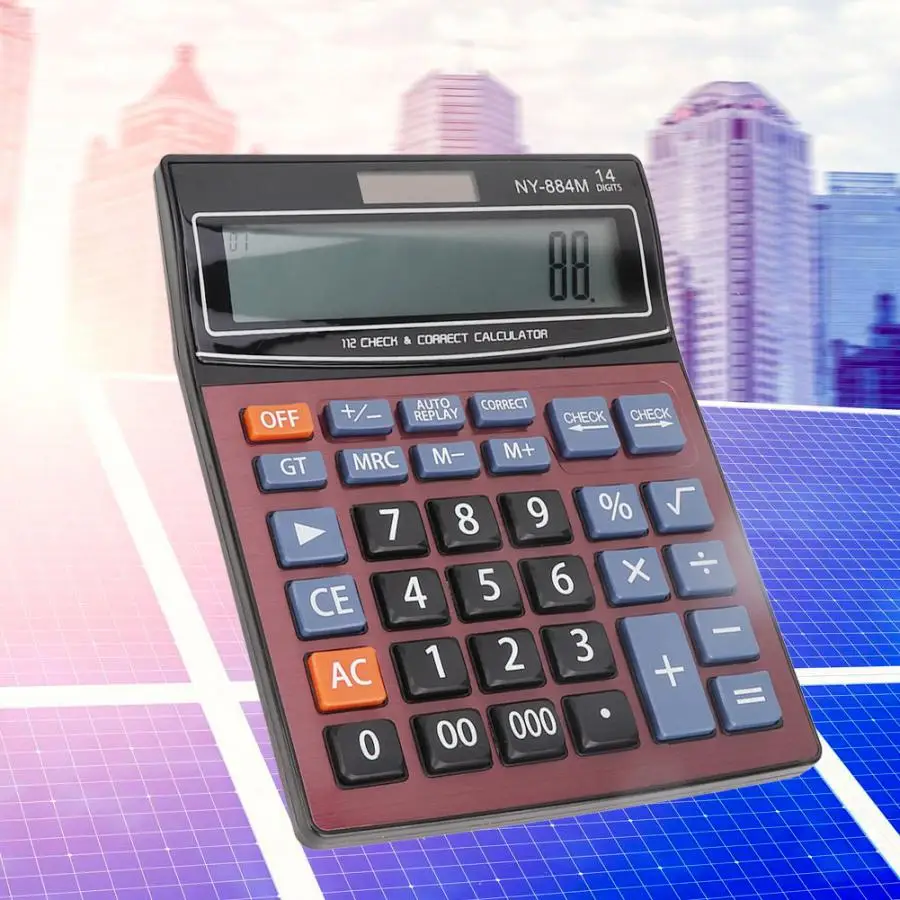 

Calculator Bouncy Button PC Material Solar Power and Battery Screen 14 Digits Calculator(No Battery)