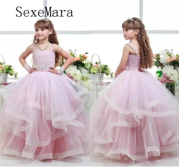 

Adroable Pink Puffy Tulle Flower Girl Dresses For Wedding Lace Up Back Pageant Dress For Girls Floor Length Birthday Party Gown