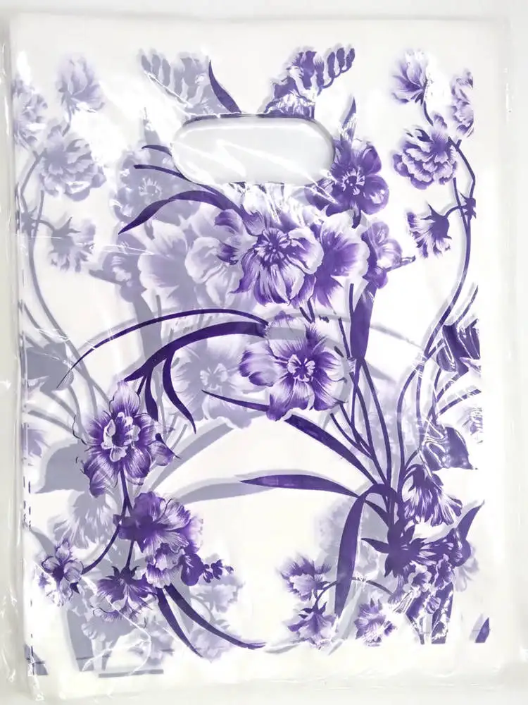 100 шт./лот фиолетовый цветок пластиковый пакет 24*21 см Упаковка для ювелирных изделий пластиковая подарочная сумка с ручкой