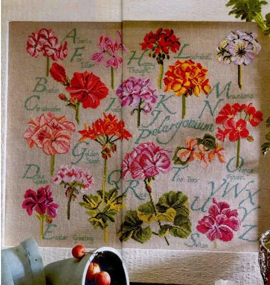 CS-1794 Cross Stitch Kit Geranium Flower Alphabet Alphabetic List Dictionary Letters Flowers