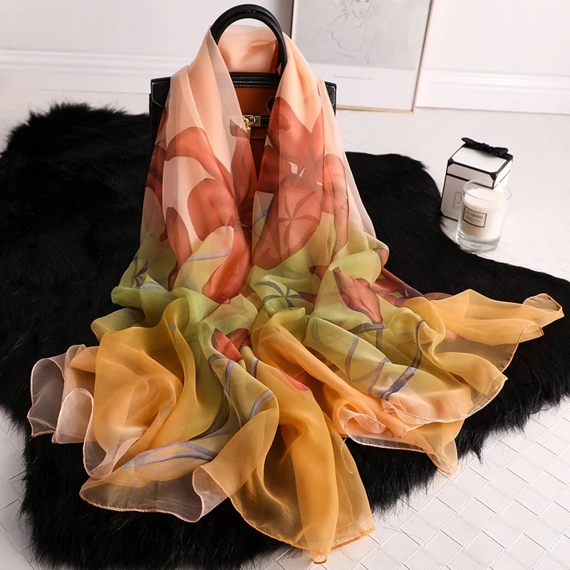

Fashion 2019 luxury brand silk scarf women floral Lady Scarves Print Shawls and Wraps HighQuality Pashmina Foulard Bandana Hijab