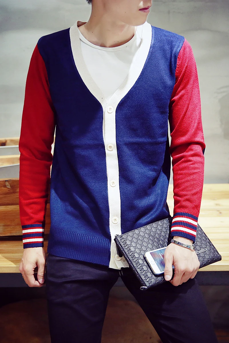 Men Casual Cardigans Knitted Sweater Patchwork Mens Sweater Plus Size