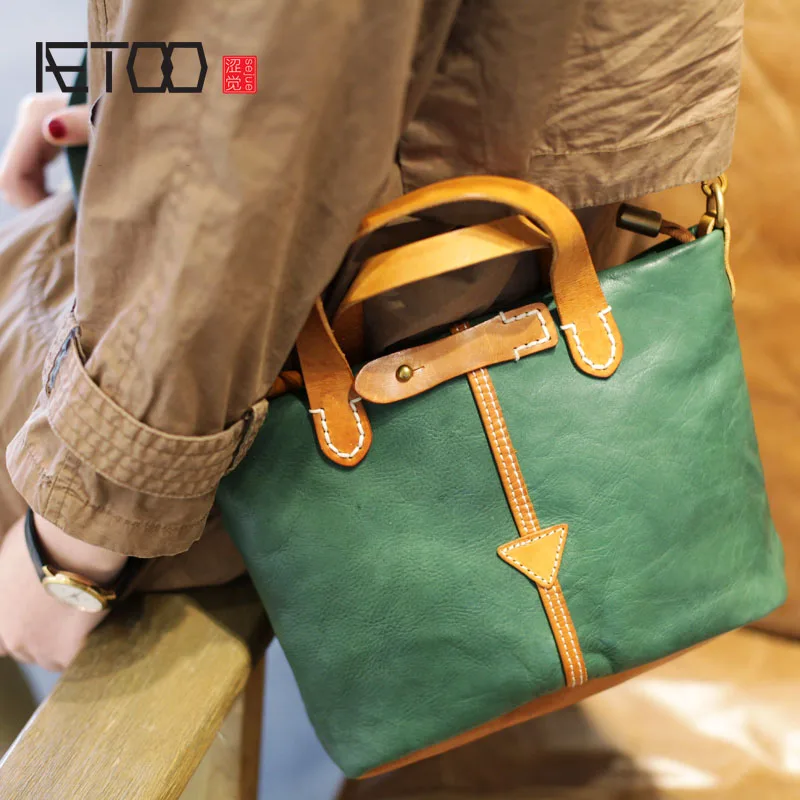 

AETOO Autumn and winter on the new small bag green tote bag simple handmade leather handbags shoulder portable Messenger bag
