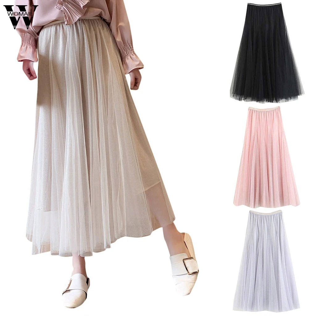 

Womail Skirt Women Summer Casual Big Swing Tulle Pleated Long Tutu Skirt High Waist Skirt fashion NEW 2019 dropship M28