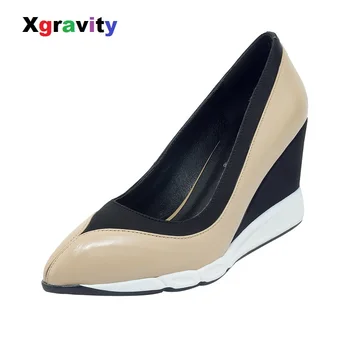 

XGRAVITY 2020 New European American Autumn Fashion Wedge Shoes Genuine Leather Mix Color Heels Lady Sexy Dress Party Shoes C271