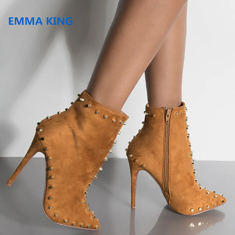

Solid Suede Rivets Studded Ankle Boots Women Pointed Toe Stilettos Fashion Martin Boots Spring New Side Zipper High Heel Booties