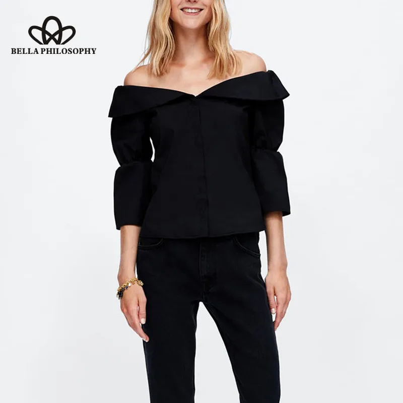 Wonder Vintage Sexy Slash Neck Blouse Casual Flare Sleeve Loose Female Blouse Street Wear Retro Lady Black Blouse Tops 2019