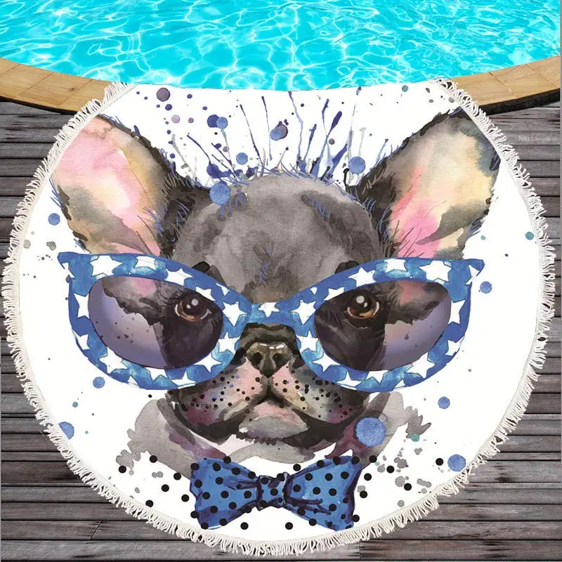 Круглое пляжное полотенце Bulldog для детей, с принтом, с рисунком, с принтом, с рисунком, большое полотенце мультяшная микрофибра, для ванной, Toalla, 150 см