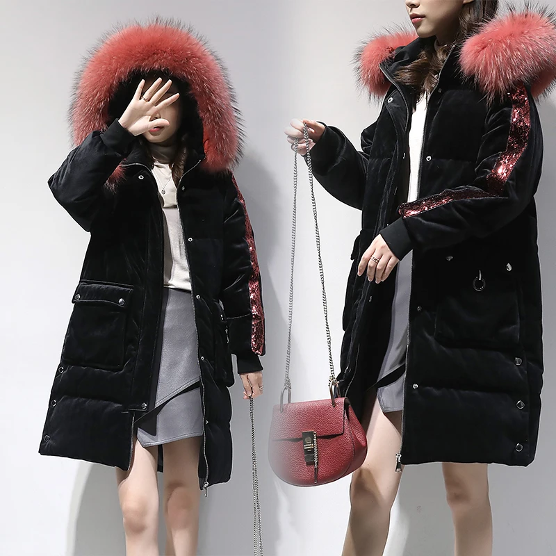 Diwish Fur Collar Hooded Velvet Long Women's Down Jacket Sequins Decorated Casual Ladies Winter Coat Female Thick Warm Outwear