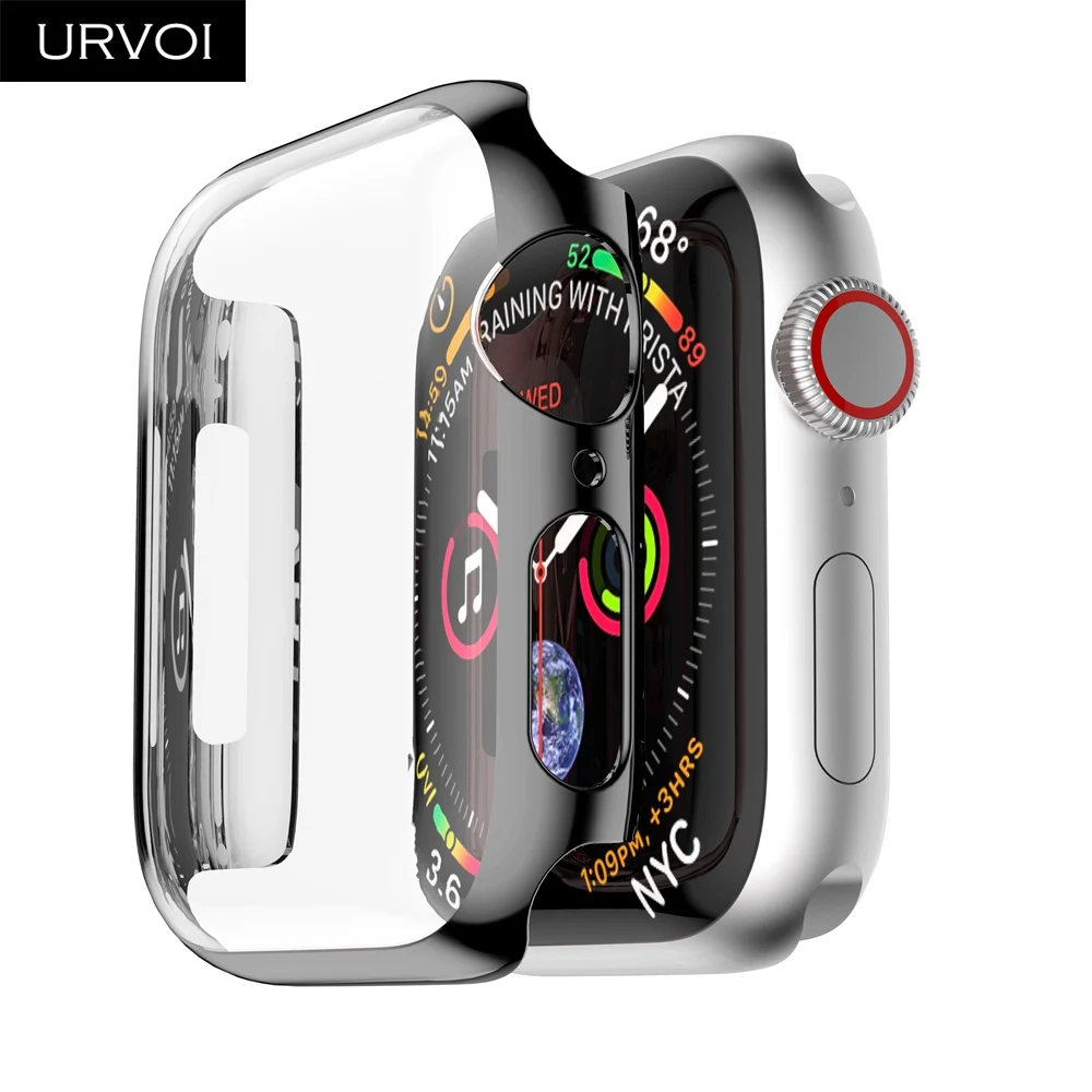 URVOI полное покрытие для Apple Watch series 4 3 2 пластиковый чехол Жесткий протектор экрана для iWatch ультра-тонкий гальванический чехол с ремешком