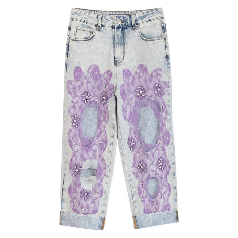

Spring Summer Women High Waisted Ripped Hole Lace Patchwork Ankle Length Jeans Pants , Woman Rhinestone Flower Denim Trousers