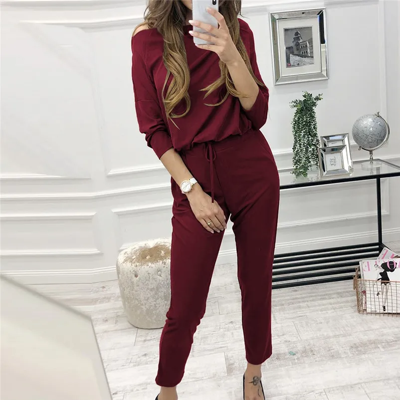 Fashion Autumn Winter two piece set tracksuit for women for fall Casual Long Sleeve Solid Color Shirt Top + Pants Set N30 (10)
