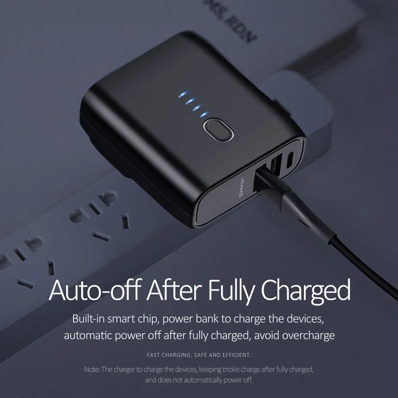 USAMS EU/US Foldable Plug 2 in 1 USB Charger Power Bank 5000mah Auto Power Off Fast Charging Powerbank Dual USB External Battery