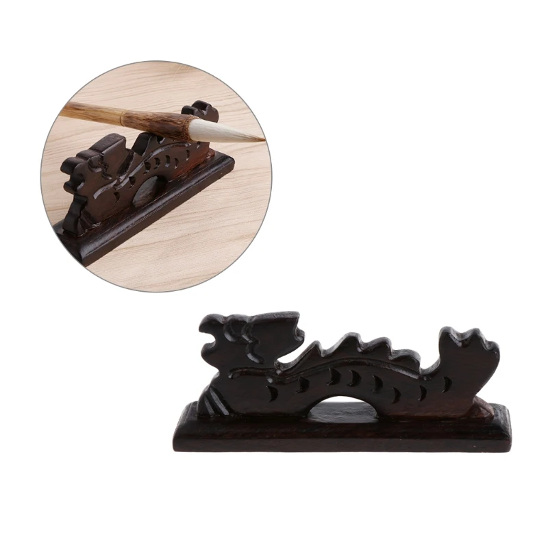 Dragon Shape Brush Rest Stand Chinese Calligraphy Pen Holder Vintage Carved Wood