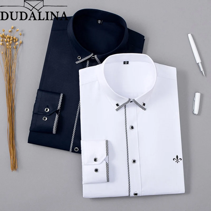 Acheter DUDALINA 2018 Hommes Chemise Sans Poche À Manches Longues Classique Mâle Chemises Formelle D affaires Chemise Homme Nouvelle Arrivée Broderie Logo