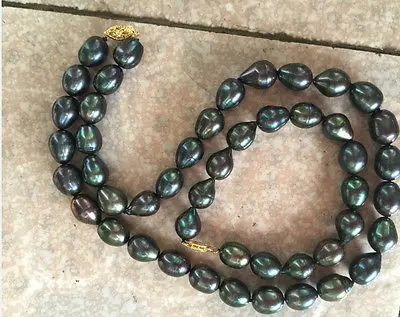 Потрясающий 9 10 ММ TAHITIAN черный зеленый жемчуг ожерелье 18 дюймов BRACELET7.5 8