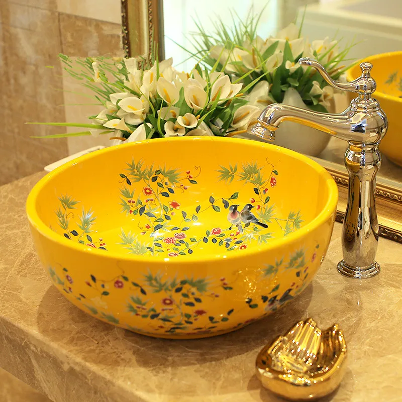 Porcelain wash basin sink ceramic basin sink Counter Top Wash Basin bathroom ceramic counter top wash basin yellow flower and bird (2)