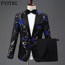 Groom Tuxedo Costume Suits Embroidery Singer Wedding Royal-Blue Floral-Pattern Green