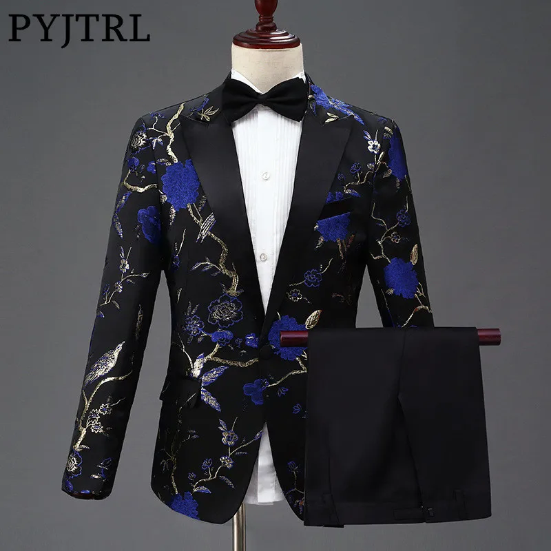 PYJTRL New Design Mens Stylish Embroidery Royal Blue Green Red Floral Pattern Suits Stage Singer Wedding Groom Tuxedo Costume